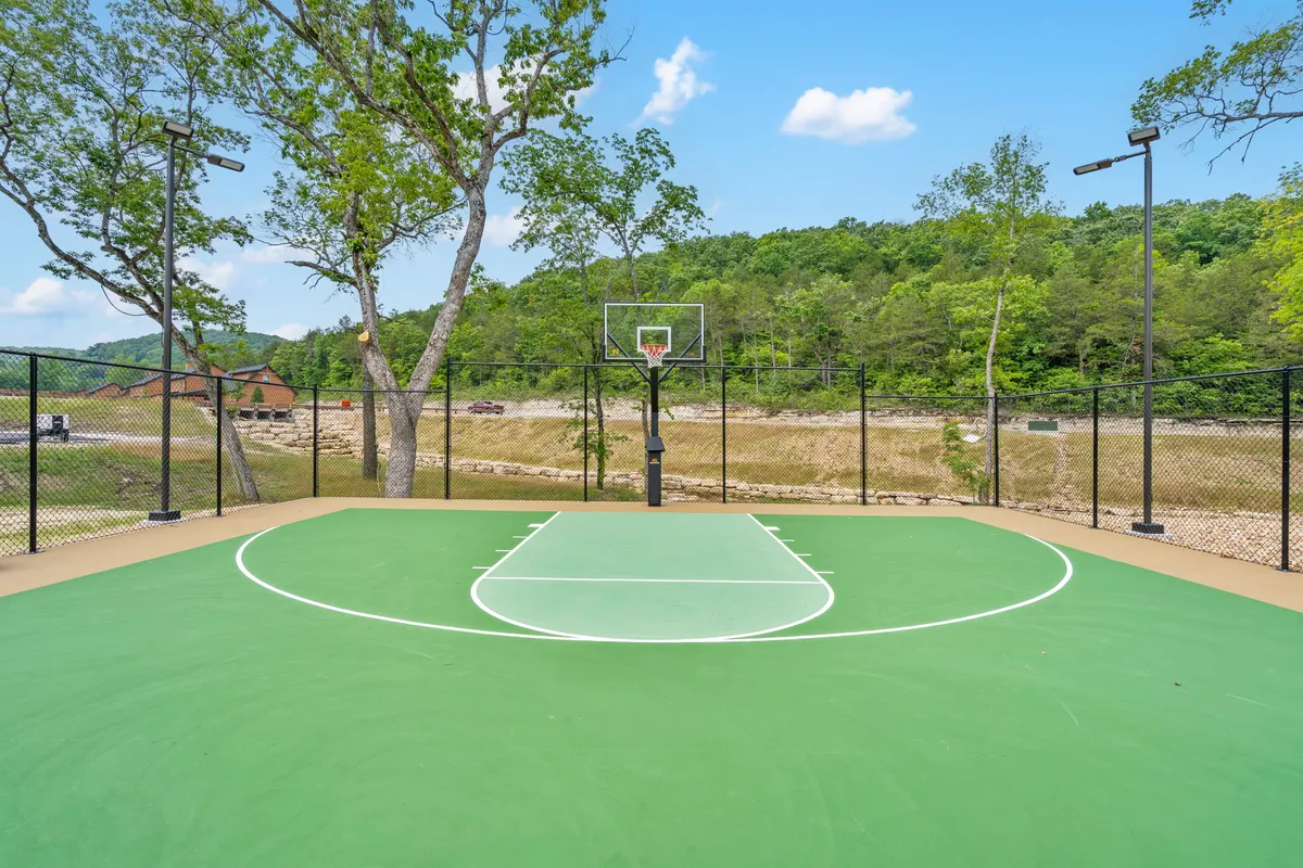 An energetic exterior view of a basketball court set among vibrant greenery, with a stunning mountain view in the backdrop. The court is ready for friendly games and outdoor gatherings, capturing the active spirit of the property.