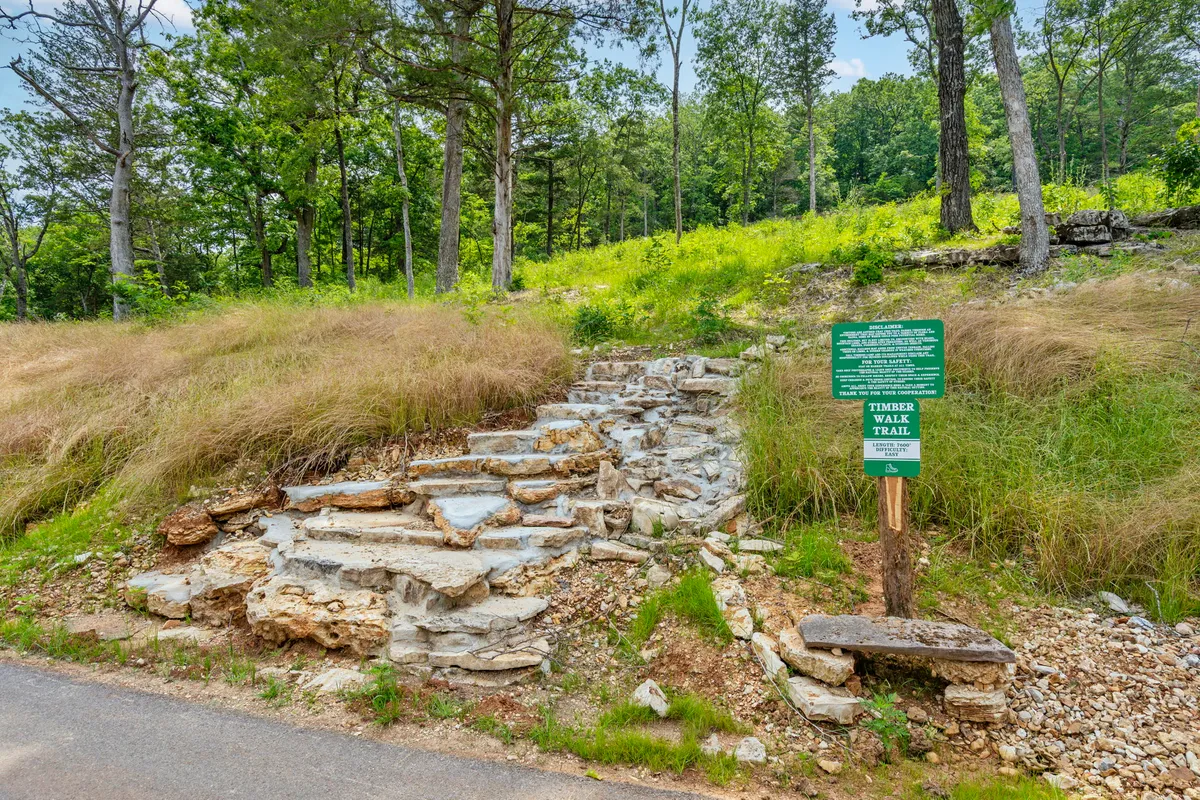 A stone pathway with steps leading into a lush, green forest, marked by a trail sign. The area is inviting for hiking and exploring, with dappled sunlight filtering through the trees and a sense of adventure beckoning from the trailhead.
